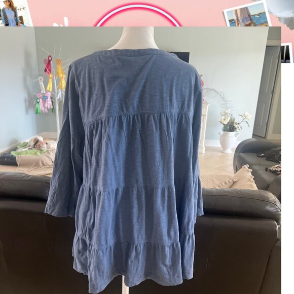J. Jill Popover Boho Tiered Ruffle Tunic Top L Blue Cotton Tencel 3/4 Sleeve - Picture 2 of 6